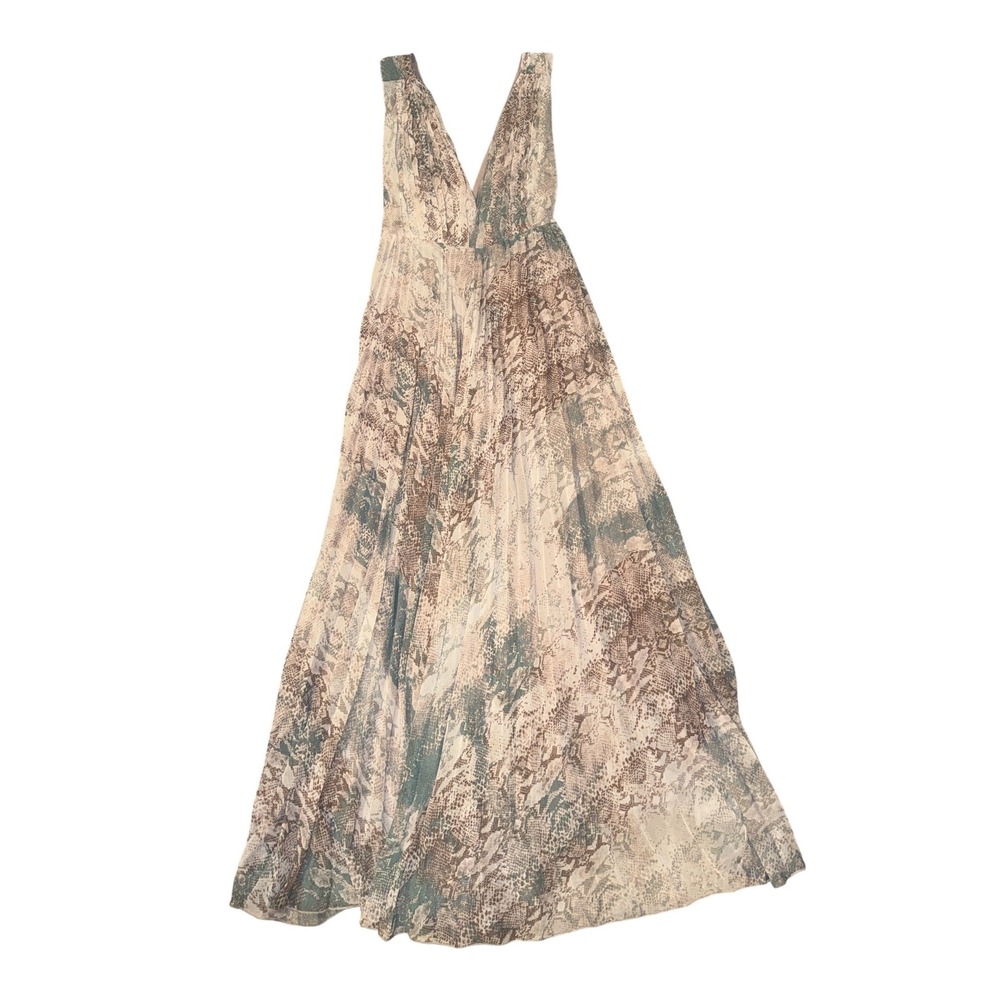 Olivaceous Maxi Dress Womens Size M Brown Snake Print Pleated V-Neck Boho